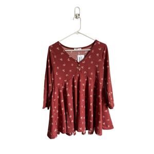 Reb. In J Rust Floral Baby Doll Fall 3/4 Sleeve V-Neck Blouse- Size Large